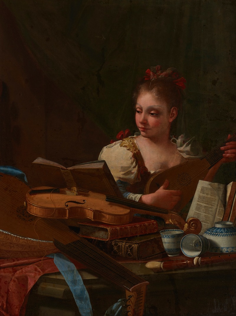 Cristoforo Munari - A girl playing a mandora, with a lute, a violin, a recorder, books and blue and white porcelain on a table