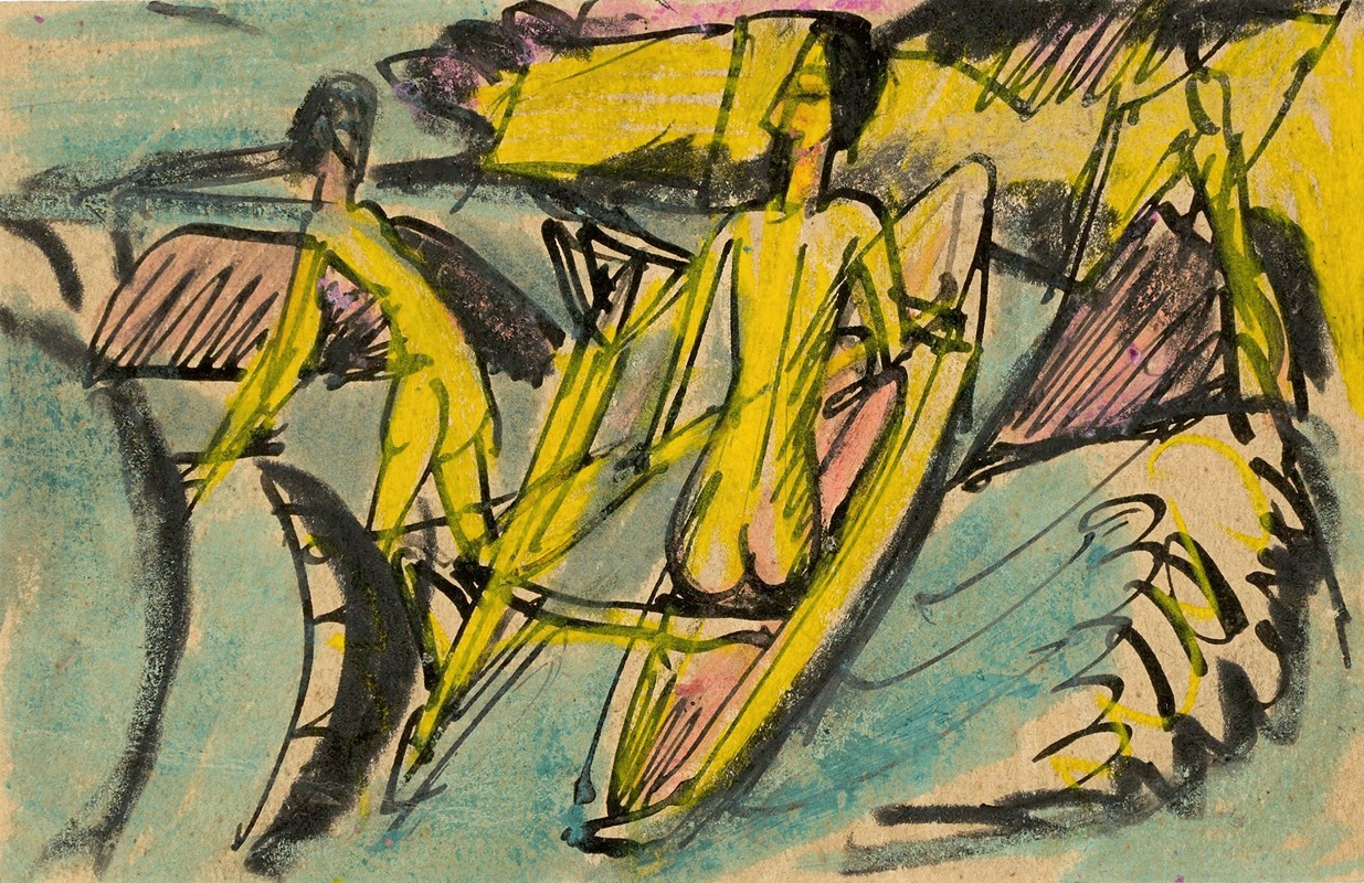 Ernst Ludwig Kirchner - Bathing women with dugout canoe at Fehmarn beach