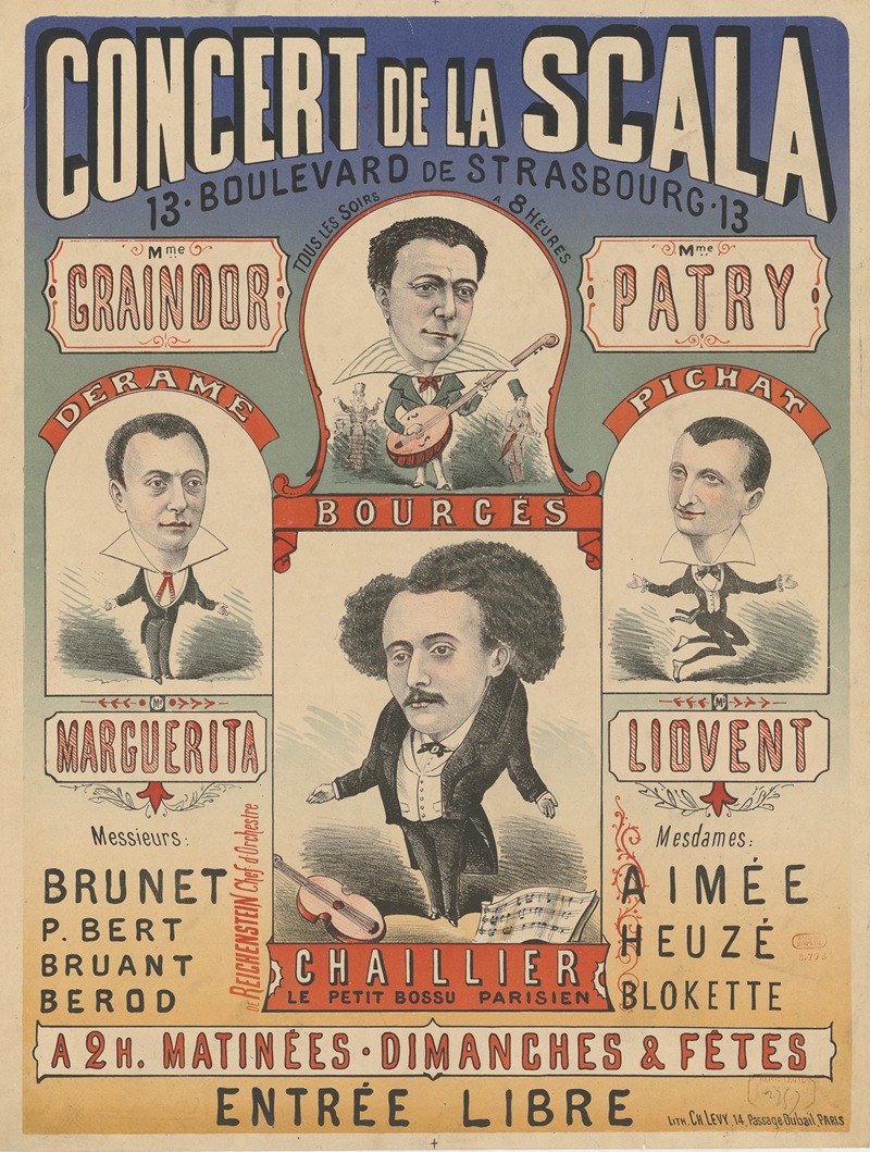 Imp. Charles Lévy - Concert de la Scala. Mme Graindor, Mme Patry,Bourgés. Chaillier, le petit bossu parisien