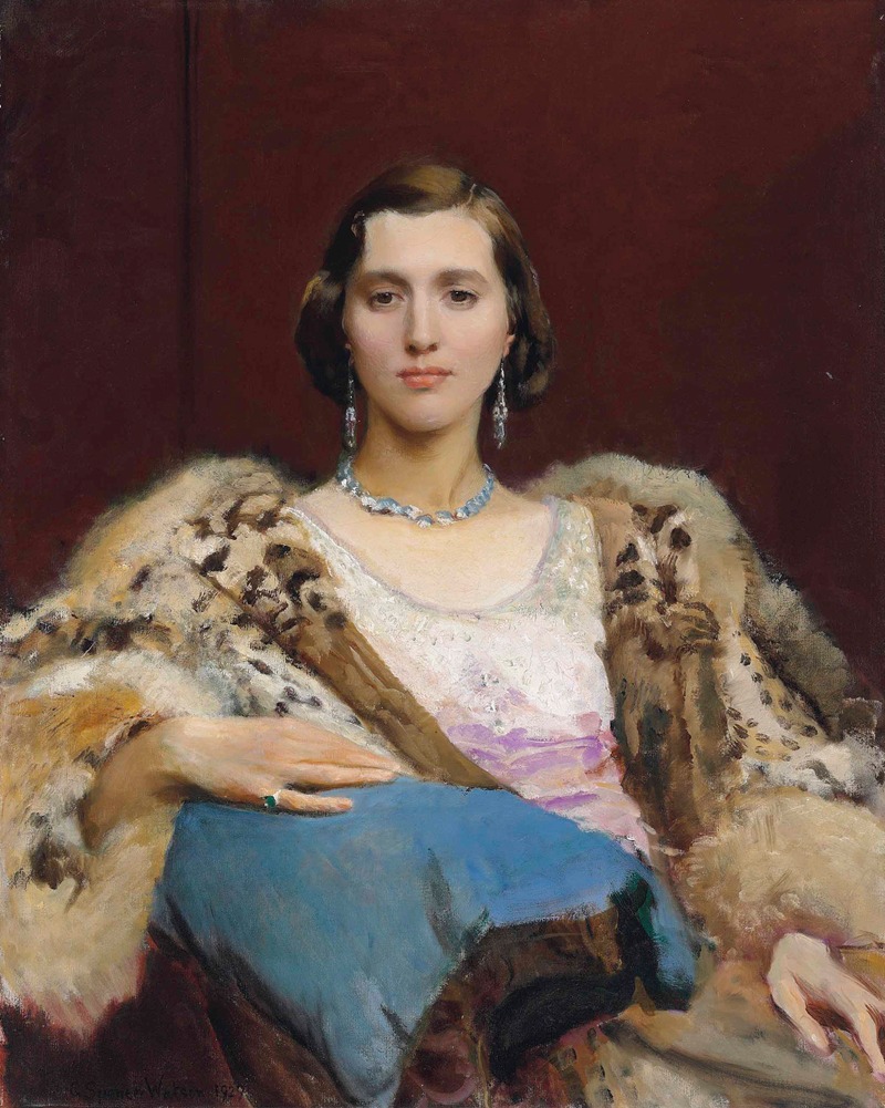 George Spencer Watson - Portrait of Miss Dewitt wearing a leopard stole