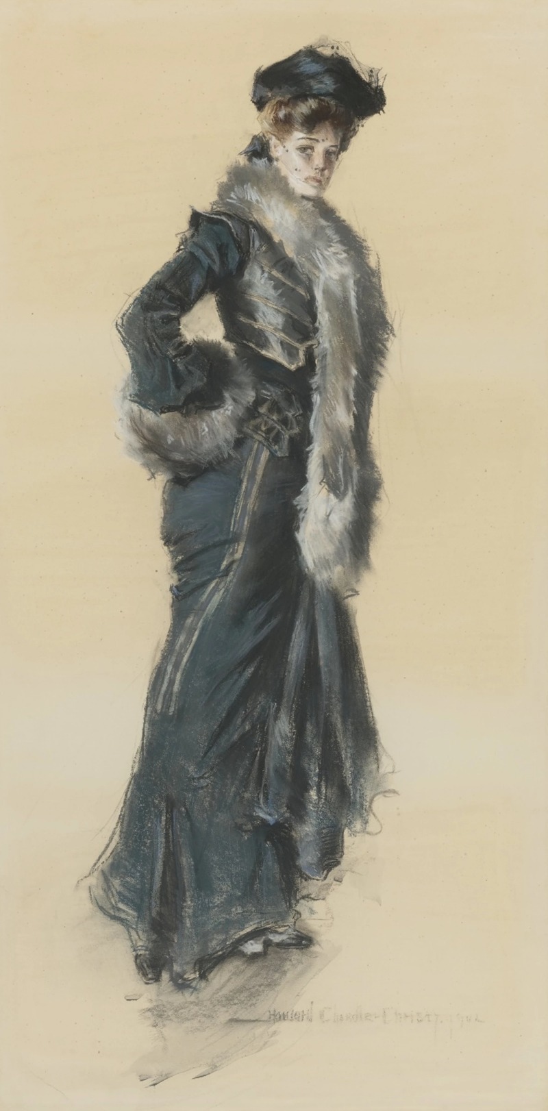 Howard Chandler Christy - An Elegant Lady in a Fur-Trimmed Coat