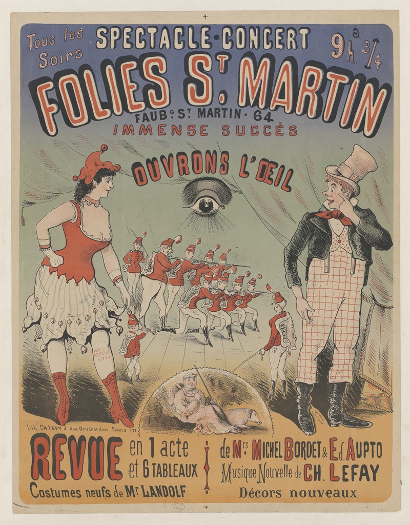 Imp. Charles Lévy - Folies St Martin. Ouvrons l’oeil. Revue en 1 acte et 6 tableaux. musique nouvelle de Ch. Lefay