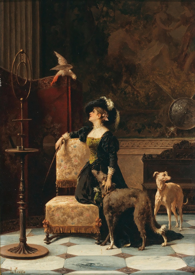 Luigi Crosio - A Lady with Greyhounds and a Parrot