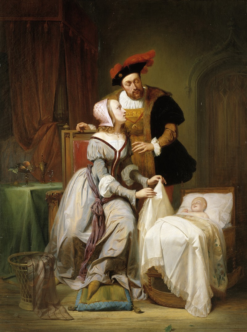 Théodore-Joseph Canneel - Emperor Karel with his mistress Johanna Van der Geynst at the cradle of their daughter Margaret of Parma