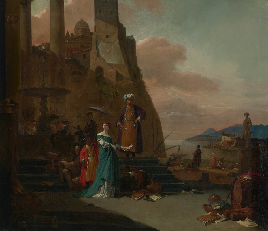 Thomas Wijck - Elegant figures, including a man in Turkish dress, on the quay of a Mediterranean port
