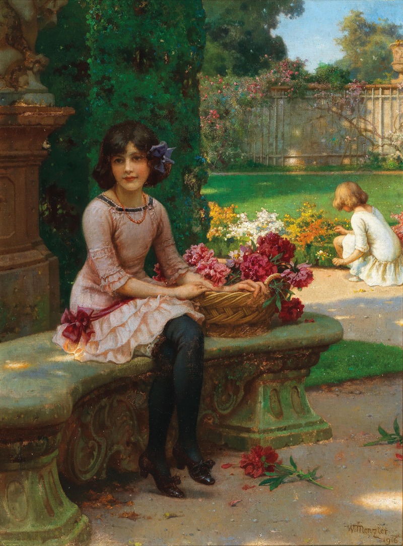 Wilhelm Menzler - A Girl with Flowers Sitting on a Park Bench