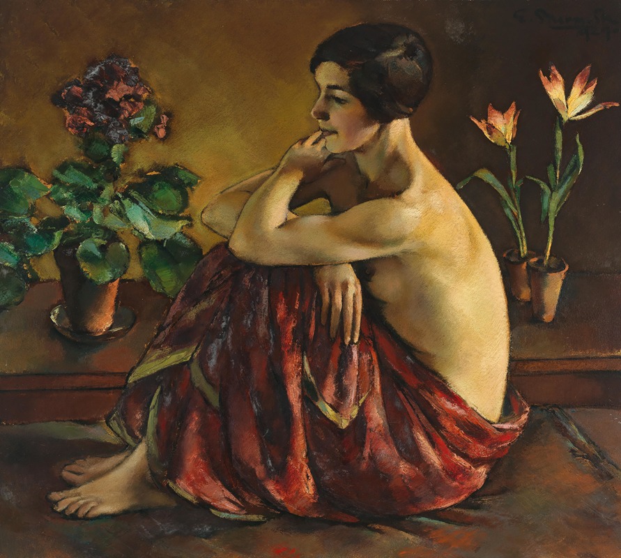 Egge Sturm-Skrla - Sitting nude with red scarf