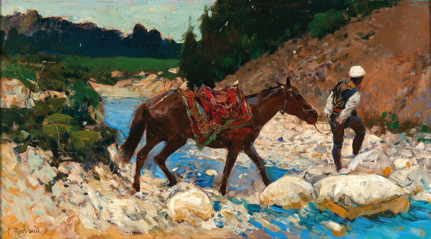 Franz Roubaud - An Equestrian Crossing a Ford