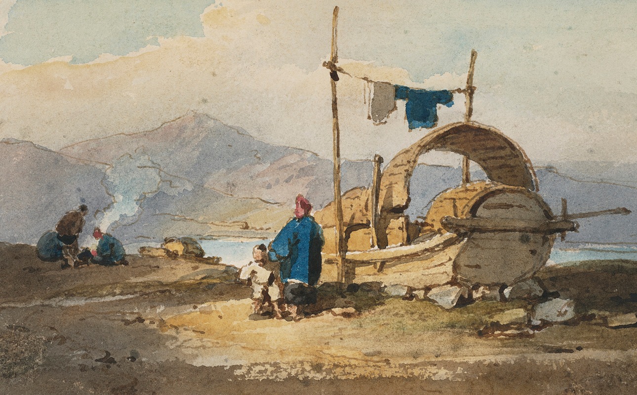 George Chinnery - Figures by a boat dwelling on the beach, Macau