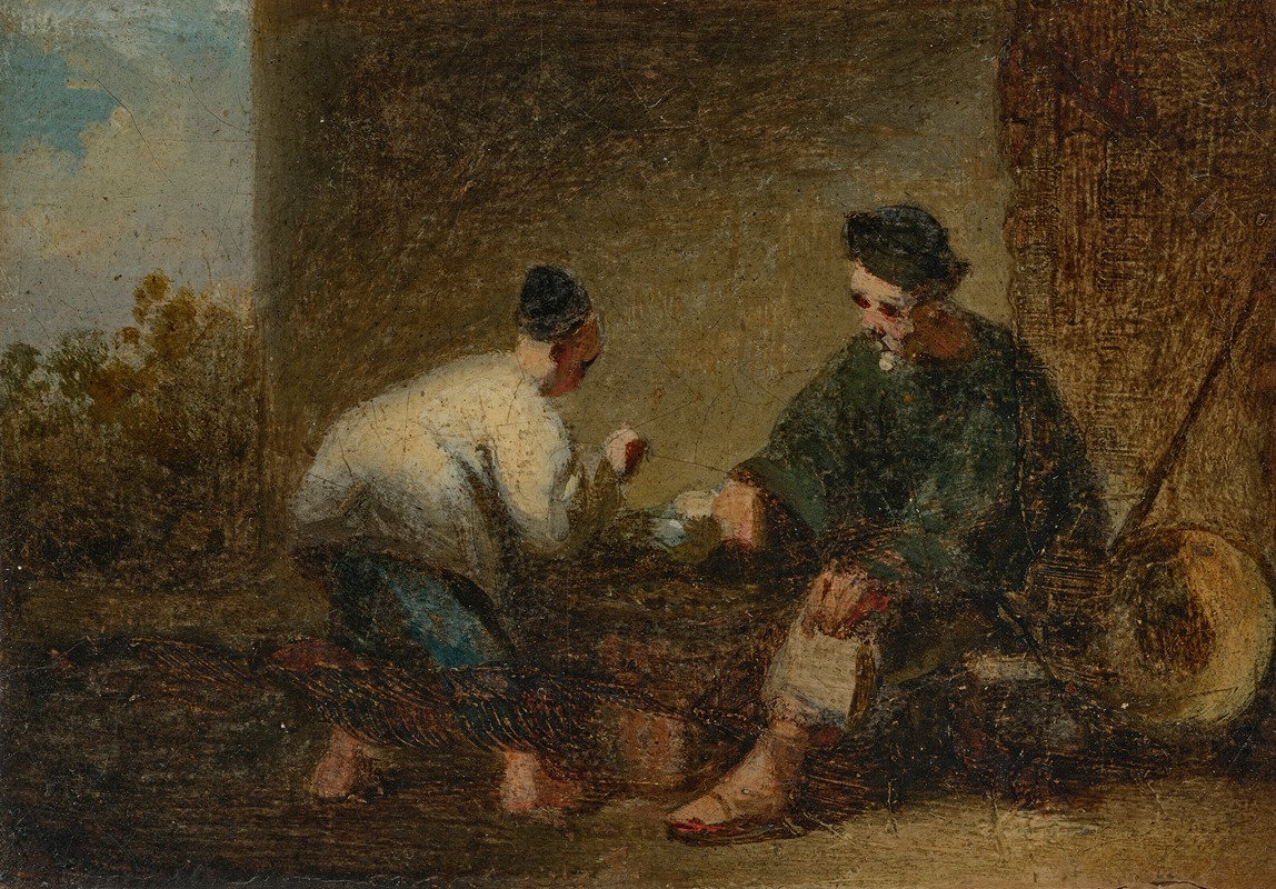 George Chinnery - A street scene in Macau with two figures playing a game