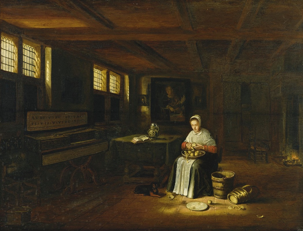 Govert Dircksz Camphuysen - A Woman in an Interior Peeling Vegetables