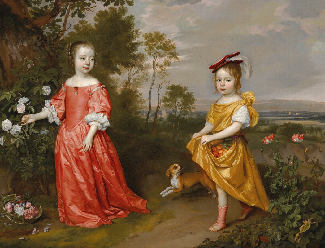 Jan Mijtens - Double portrait of two children in a landscape, a dog at their side