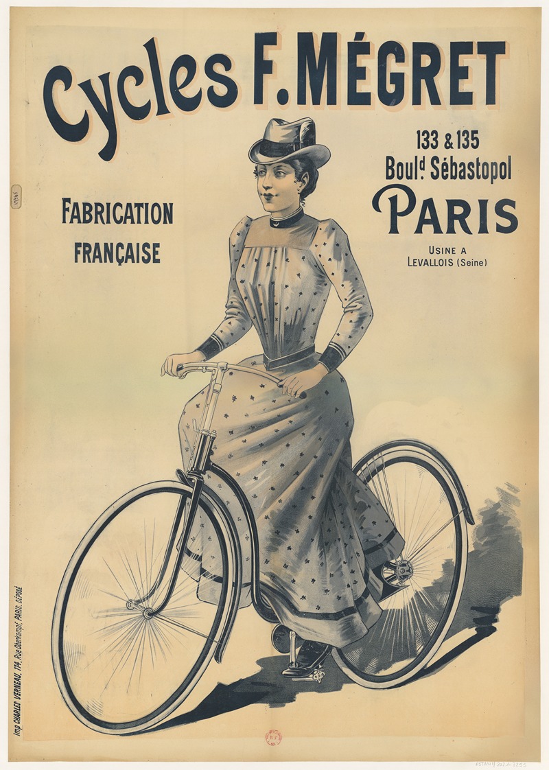 Imp. Charles Verneau - Cycles F.Mégret. Fabrication française. 133 & 135 Boulevard Sébastopol, Paris