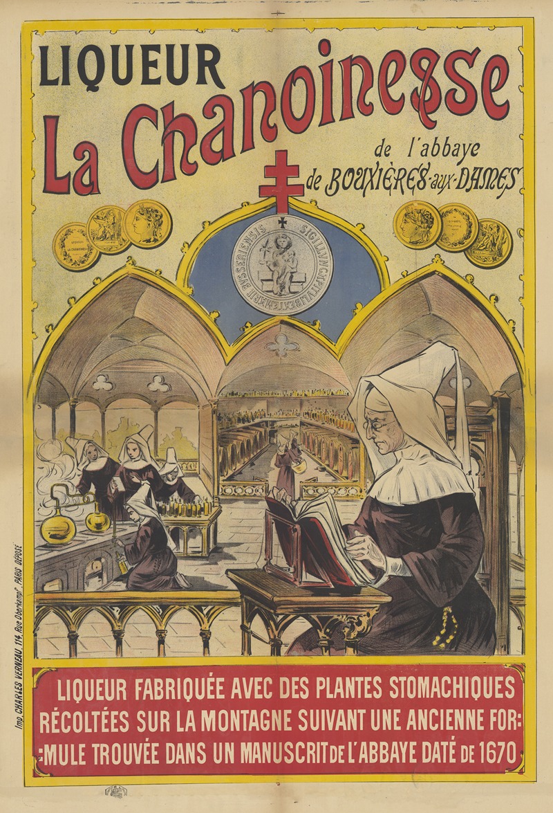 Imp. Charles Verneau - Liqueur La Chanoinesse de l’abbaye de Bouxières-aux-Dames. Liqueur fabriquée avec des plantes stomachiques