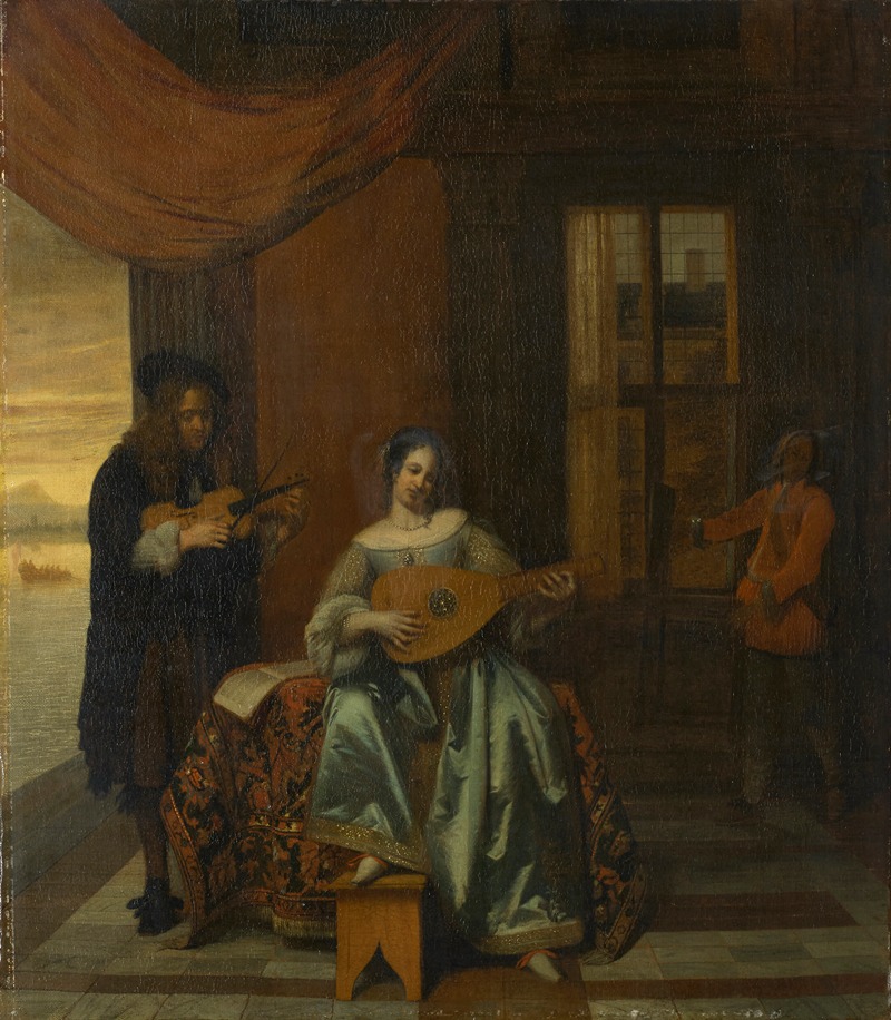 Pieter De Hooch - An interior scene with a woman playing a lute and a man playing a violin