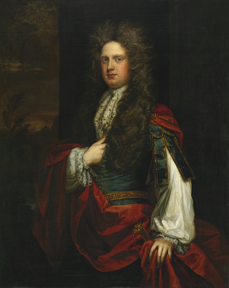 Sir Godfrey Kneller - Portrait of a Gentleman Dressed in Blue with a Red Mantle