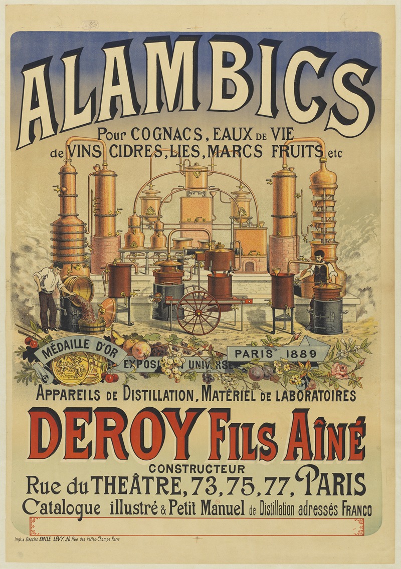 Imp. Emile Lévy - Alambics pour cognacs, eaux de vie de vins, cidres. Appareils de distillation, Matériel de laboratoires Deroy fils Aîné constructeur