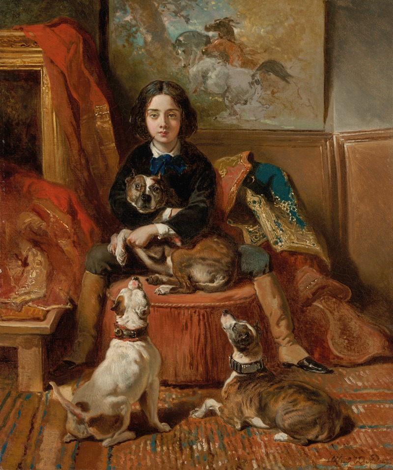 Alfred De Dreux - Portrait d’enfant assis avec ses chiens