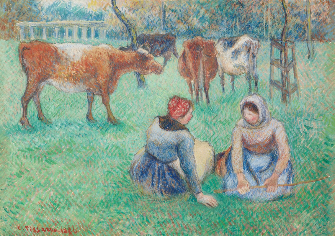 Camille Pissarro - Paysannes assises gardant des vaches