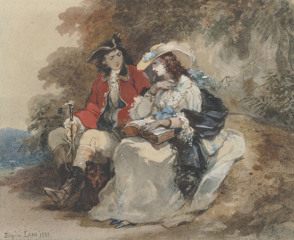 Eugène Lami - An elegant couple resting in a wooded landscape
