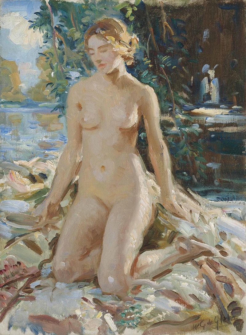 Wilfrid Gabriel de Glehn - A kneeling female nude in a landscape