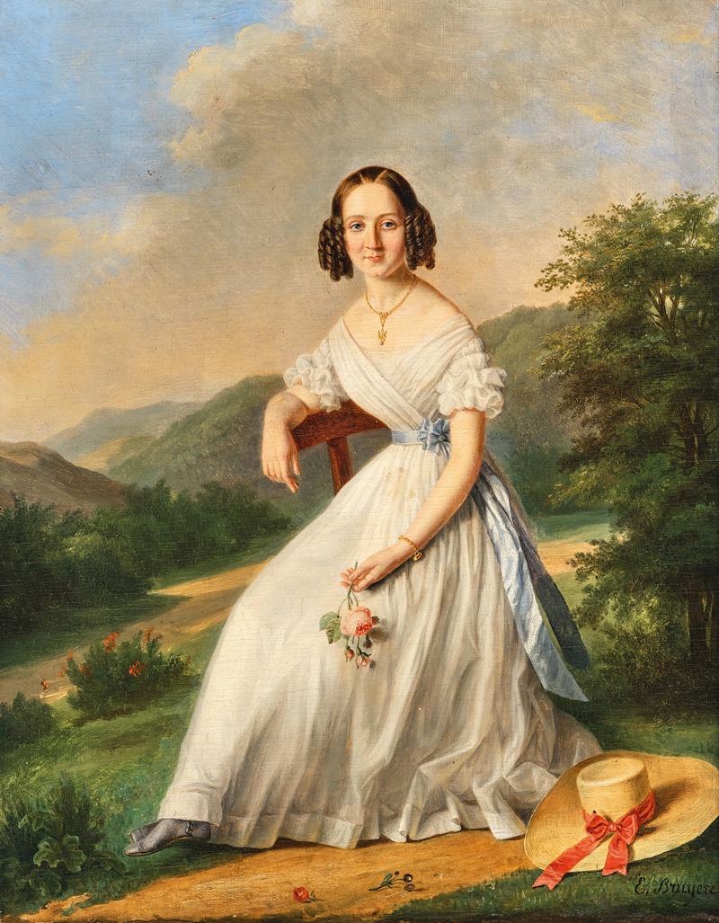 Élise Bruyère - An elegant lady with Florentine hat in a landscape