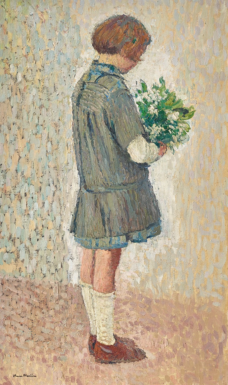 Henri Martin - Fillette en tablier d’écolière tenant un bouquet