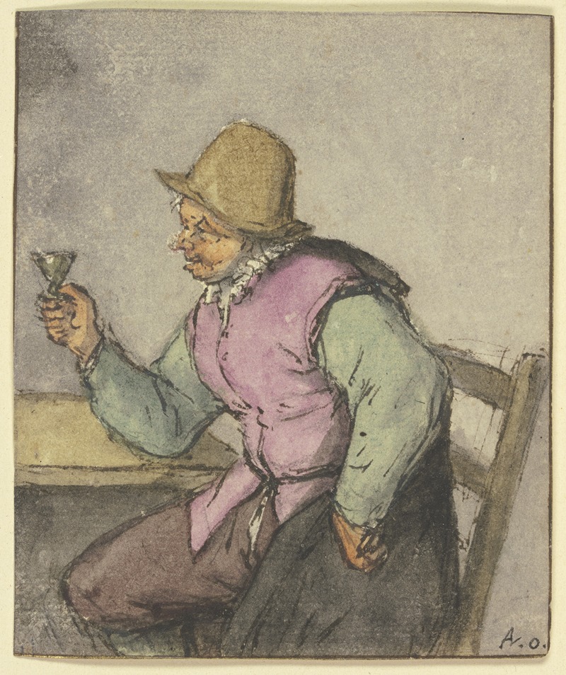 Adriaen van Ostade - An einem Tisch sitzender Bauer mit Glas, nach links