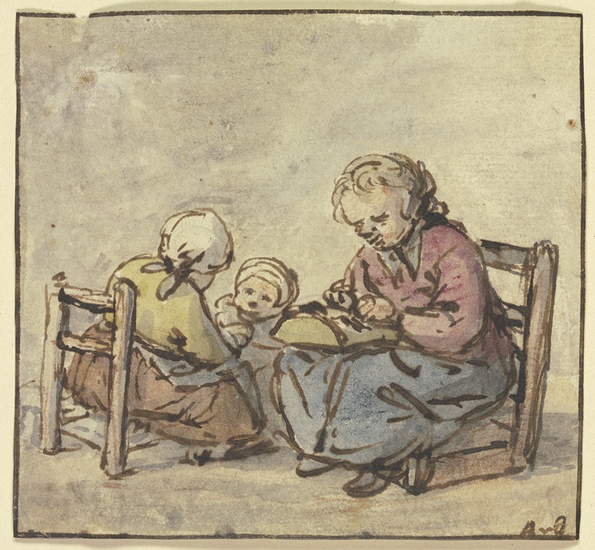 Adriaen van Ostade - Drei Mädchen, das älteste beim Spitzenklöppeln