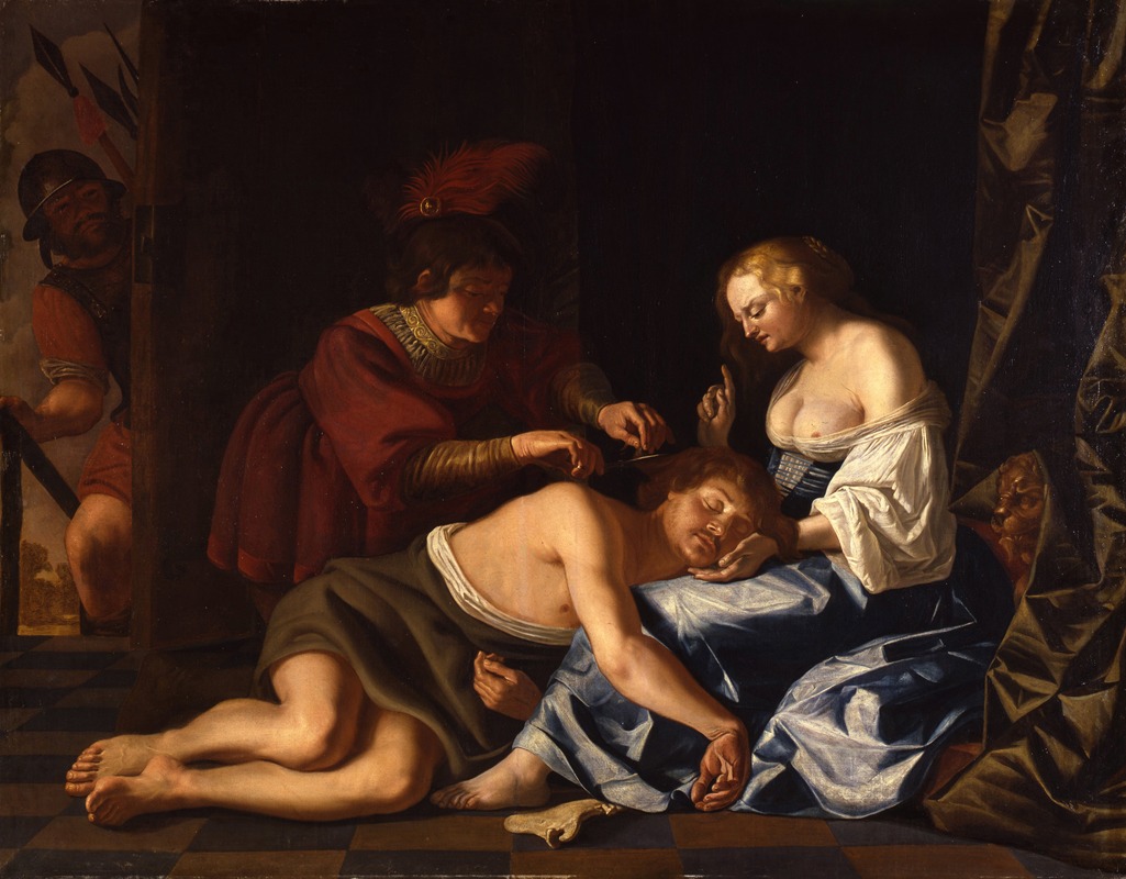 Christiaen van Couwenbergh - While Samson sleeps in Delilah’s lap, a Filistine cuts off his hair (Judges 16;19)