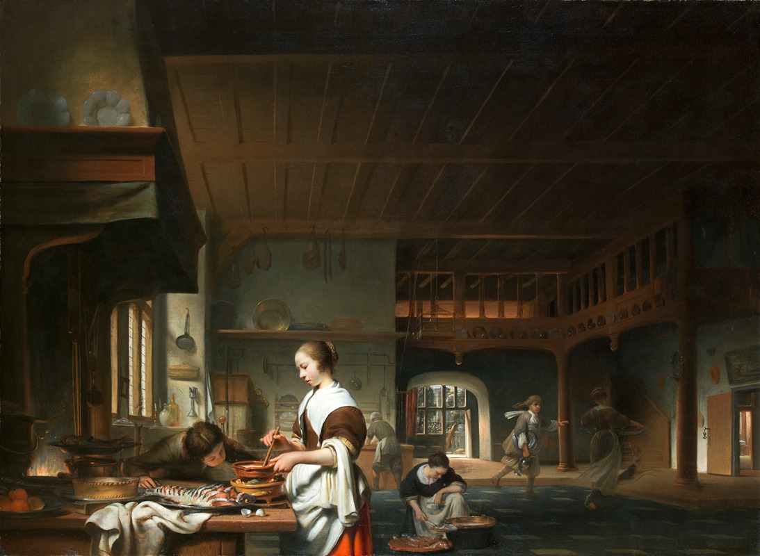 Cornelis Bisschop - Kitchen interior with a woman cooking 