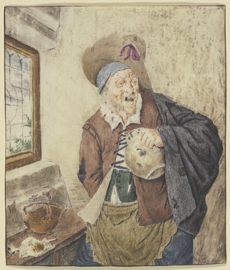Cornelis Dusart - Zerlumpter Bauer bei einem Fenster, den Krug in der Hand