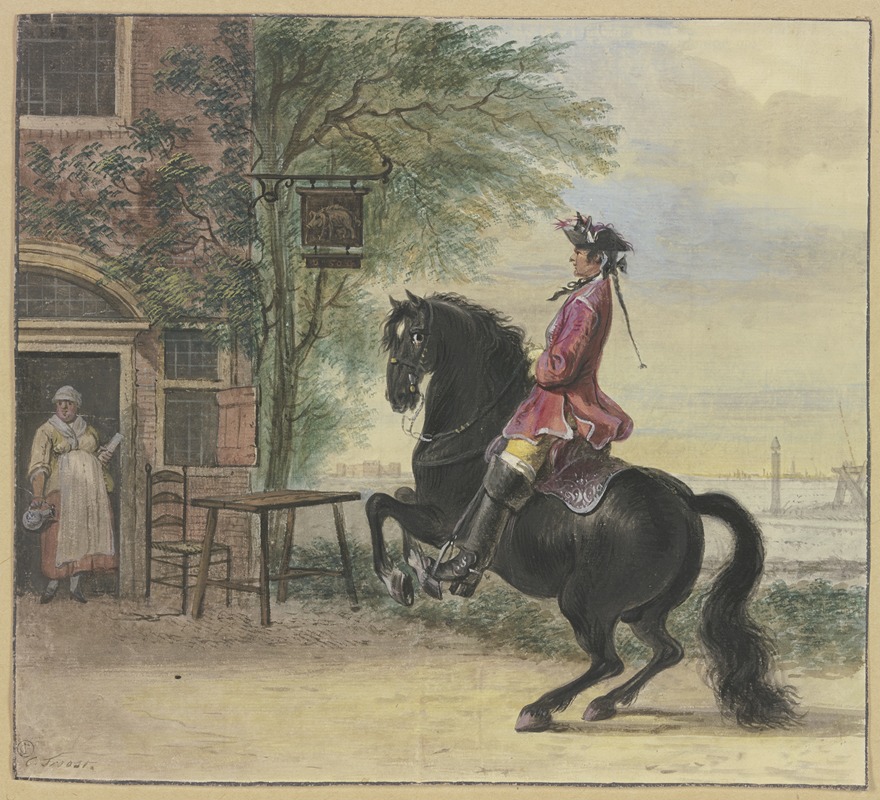 Cornelis Troost - Ein Reiter mit Dreispitz und Zopf, im Hintergrund eine Kanallandschaft