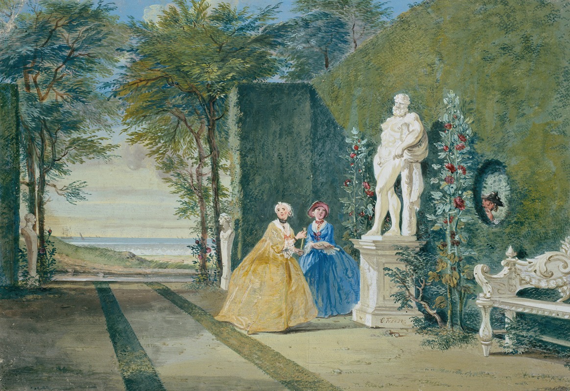 Cornelis Troost - View of a Park with Two Young Ladies by a Statue of Hercules