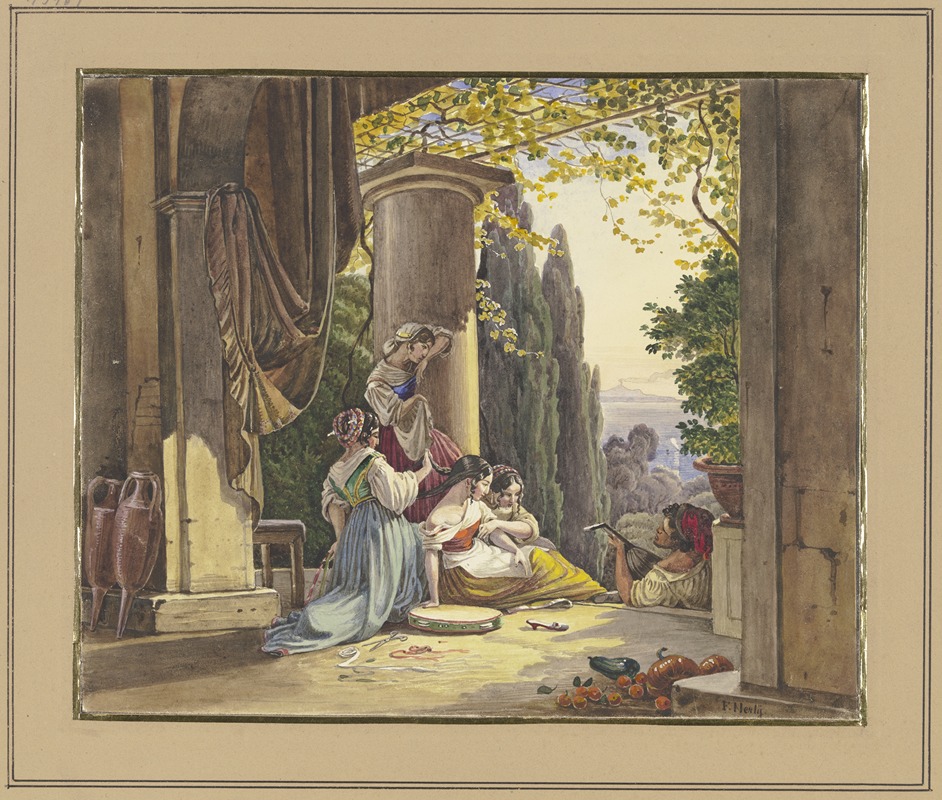 Friedrich von Nerly - Italienische Terrasse mit Mädchen und Lautenspieler