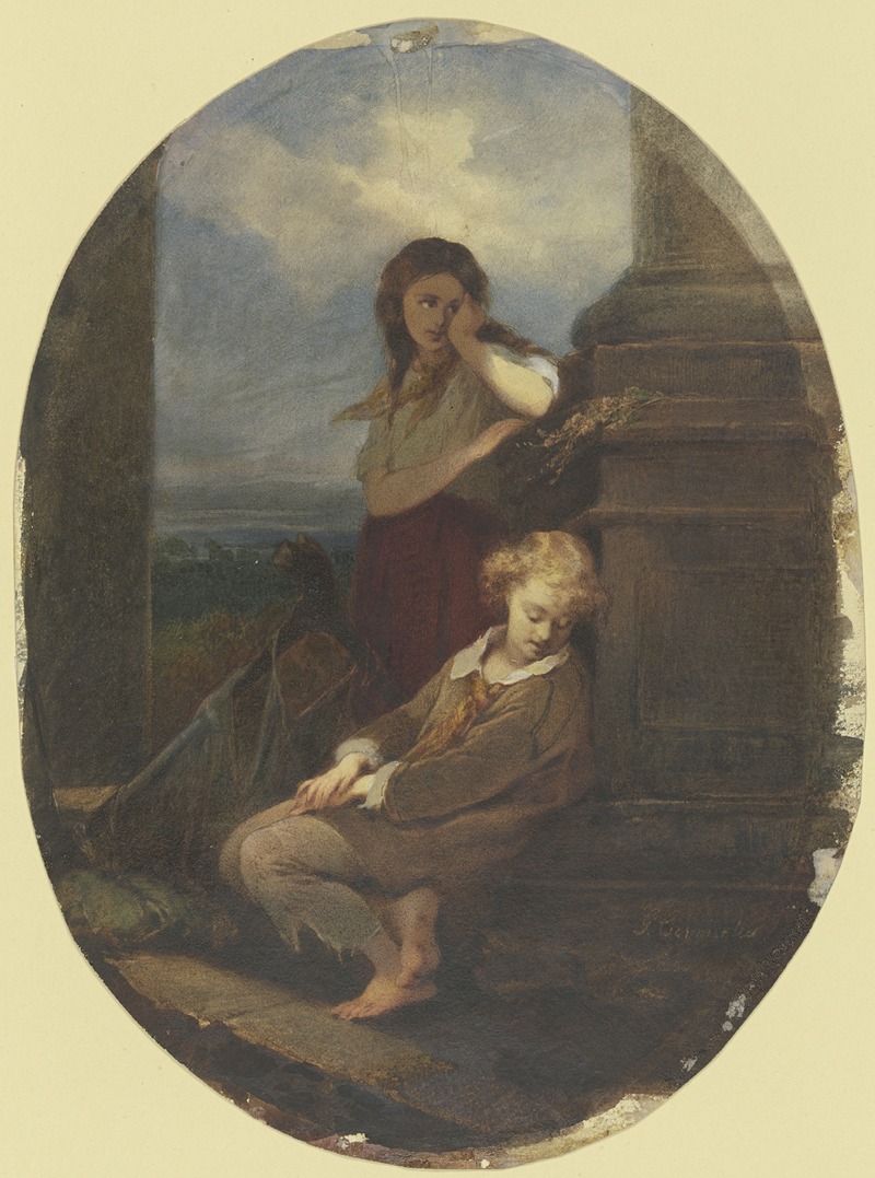 Georg Cornicelius - Zwei sitzende Kinder mit Harfe