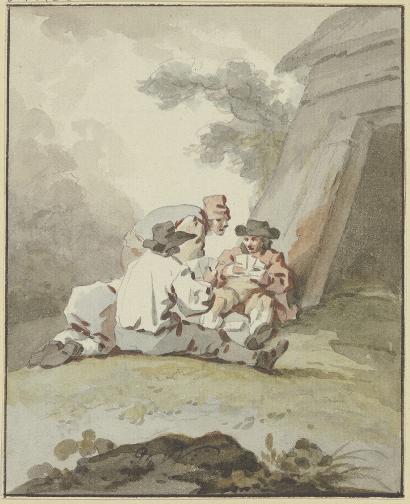 Gottlieb Welté - Vier Männer vor einer Hütte am Boden sitzend oder hockend beim Kartenspiel