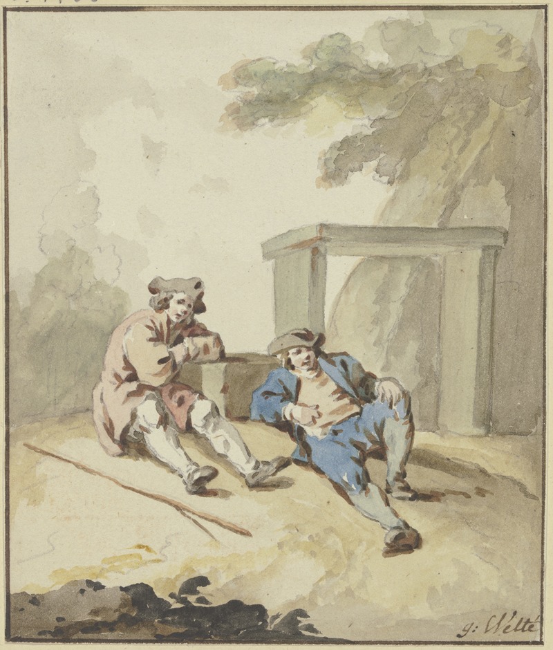 Gottlieb Welté - Zwei Männer bei einer Steinbank am Boden lagernd