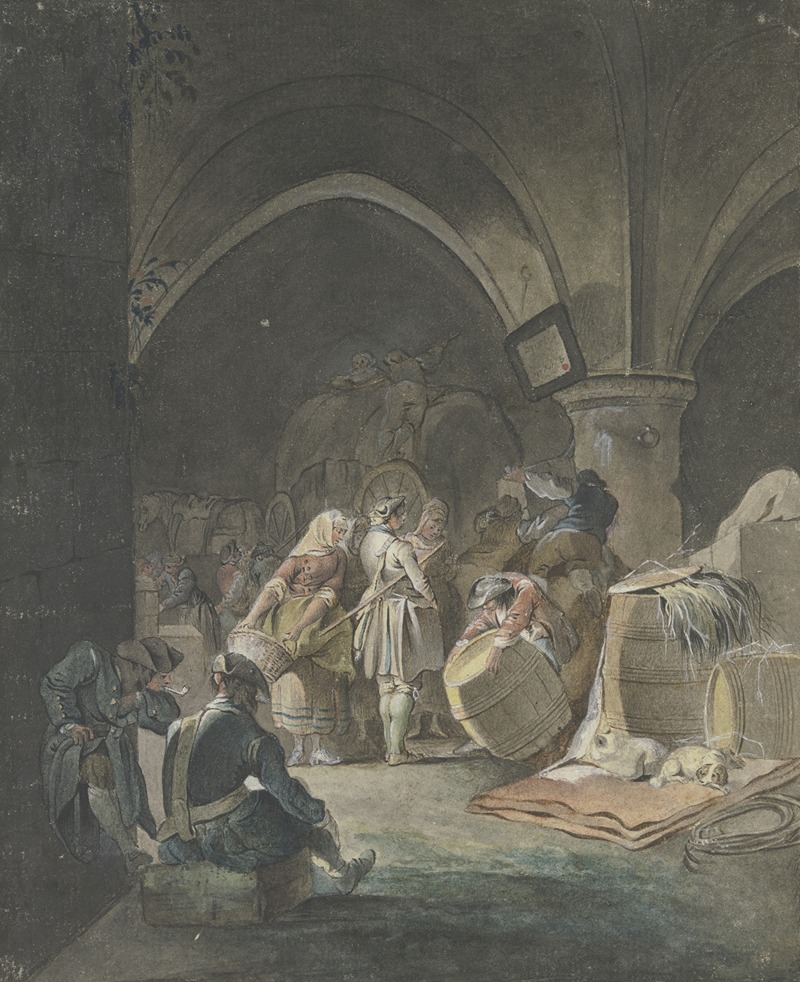 Gottlieb Welté - Soldaten und Marketenderinnen in einem Gewölbe mit Fässern und Kisten
