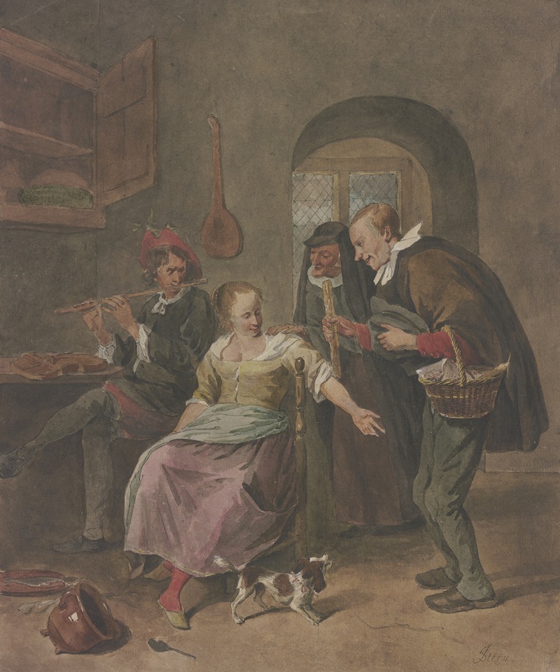 Hermanus Numan - In einem Zimmer spielt ein Mann die Flöte, dabei sitzt eine Frau, die mit einem Mann spricht, der ein Körbchen trägt, hinter beiden eine alte Frau
