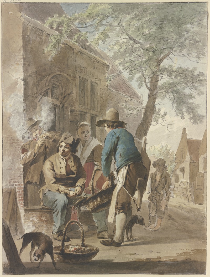 Hermanus van Brussel - Vor einem Hause bietet ein Bauer mit einem Korb seine Erzeugnisse zum Kauf an, vorn links ein Hund, im Hintergrund ein Betteljunge