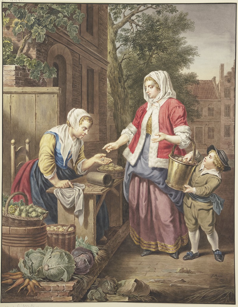 Jacobus Buys - Eine Dame mit einem Knaben kauft Äpfel ein