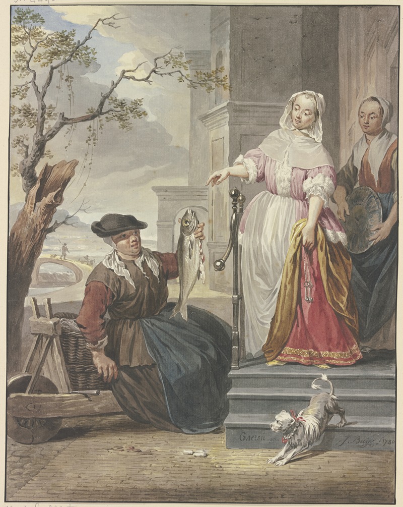 Jacobus Buys - Eine Dame steht mit ihrer Magd vor ihrem Haus und handelt mit einer Fischverkäuferin