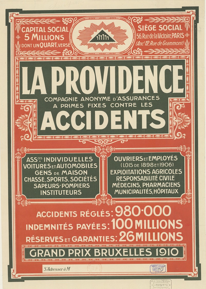 Imp. F. Champenois - 56, rue de la Victoire, Paris. La Providence, compagnie anonyme d’assurances à primes fixes contre les accidents