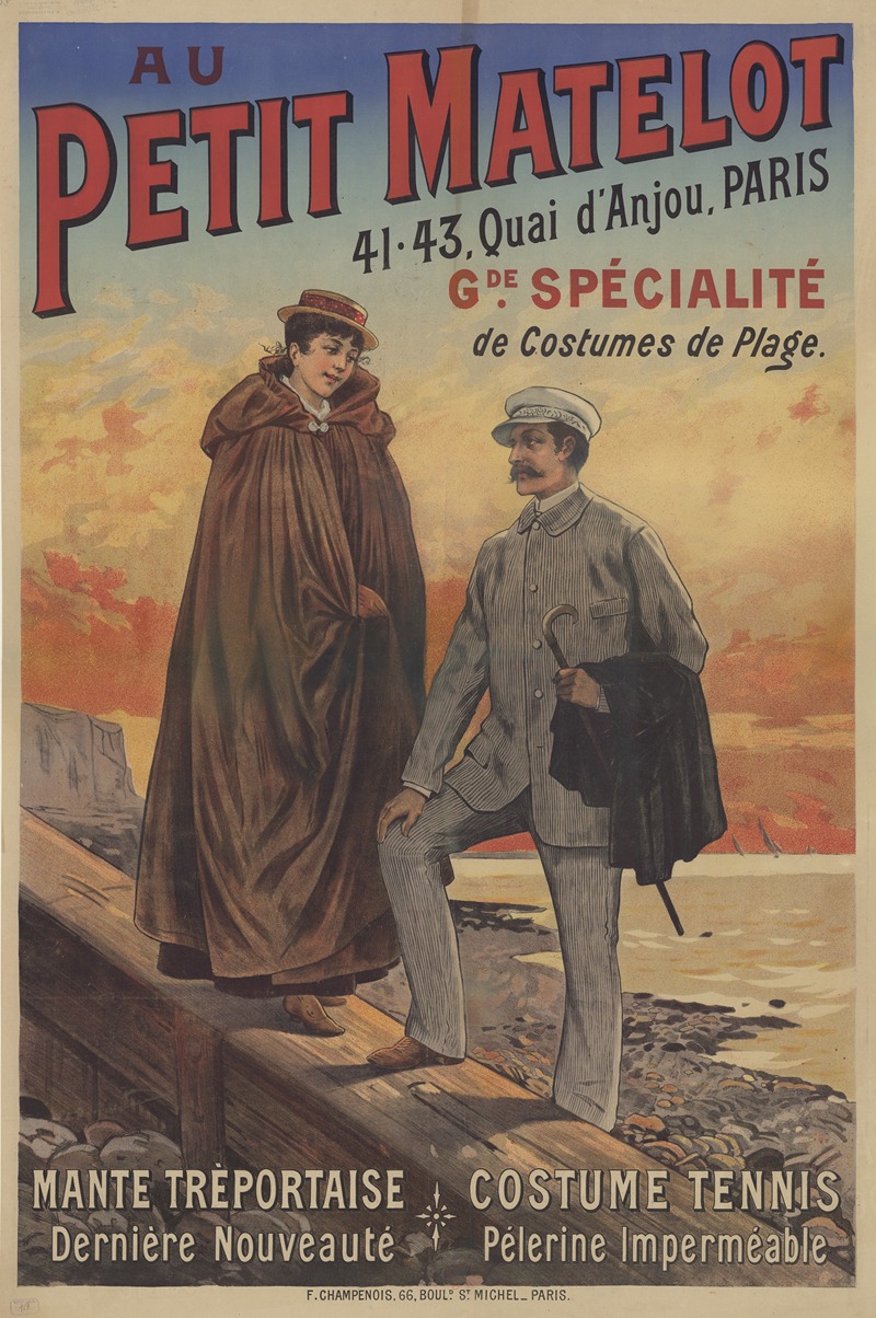 Imp. F. Champenois - Au Petit Matelot. 41- 43 quai d’Anjou, Paris. Grande spécialité de costumes de plage