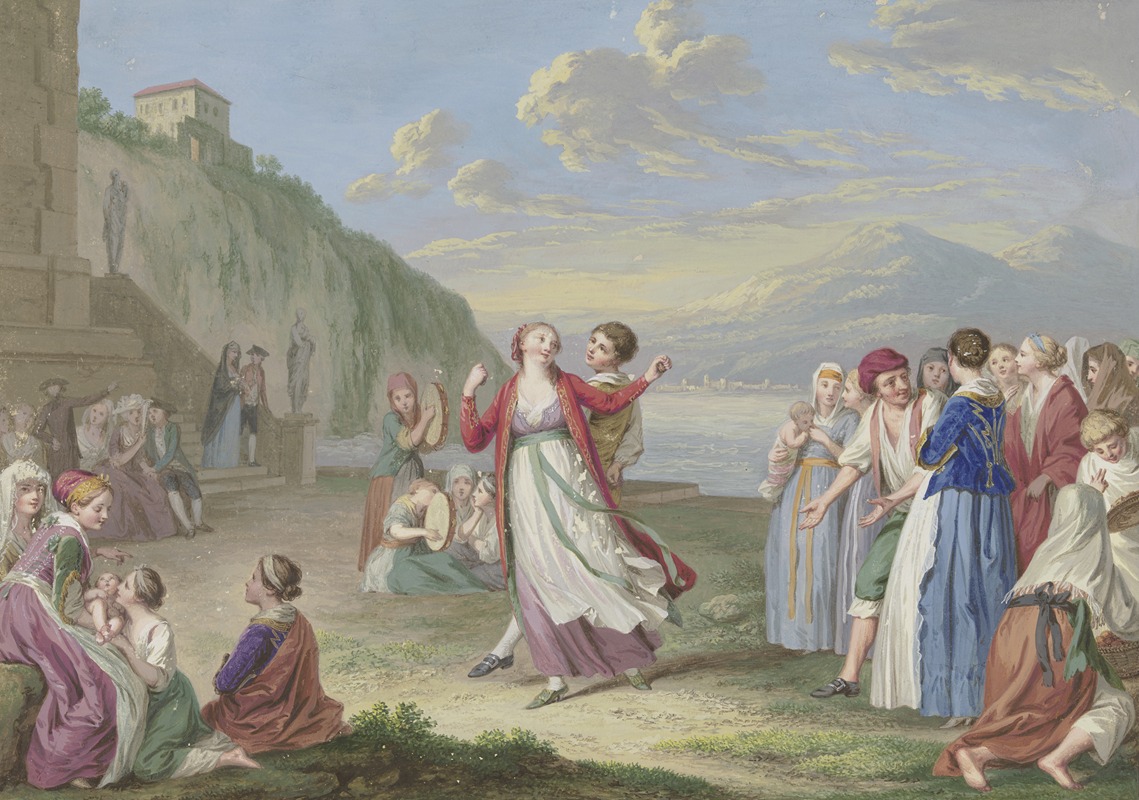 Johann Friedrich August Tischbein - Italienische Landleute unterhalten sich am Seeufer mit Spiel und Tanz, im Hintergrund hohe Berge