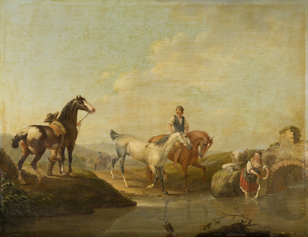Johann Georg Pforr - A Groom Leading two Horses to the Water