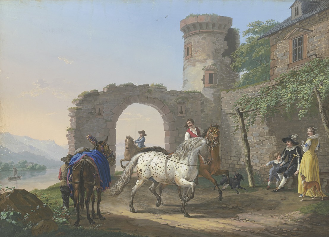 Johann Georg Pforr - Ein Kavalier sitzt mit seiner Frau und seinem Sohn vor seinem Haus und lässt sich einen Schimmel vorführen