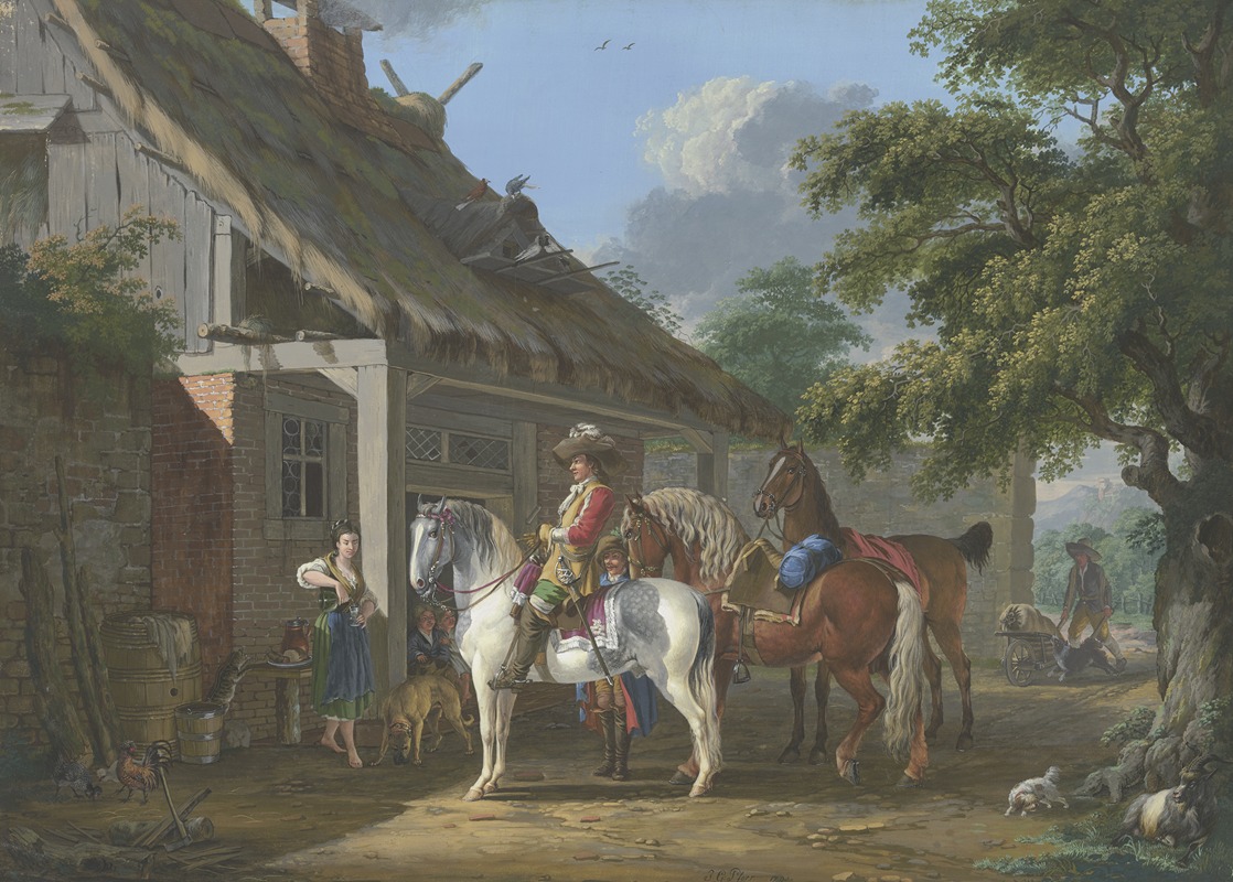 Johann Georg Pforr - Ein reichgekleideter Kavalier hält mit drei Pferden und einem Diener vor einem Bauernhaus, eine barfüßige junge Frau schenkt ihm ein