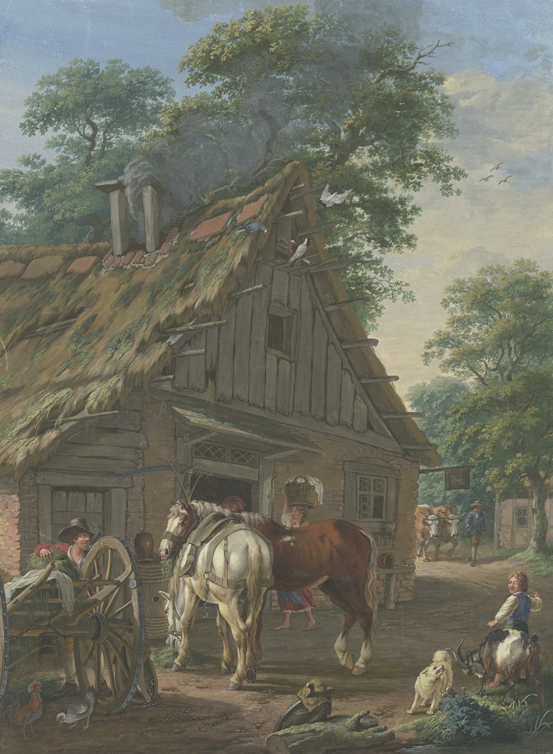 Johann Georg Pforr - Zwei Bauernpferde vor einem Wirtshaus unter Bäumen